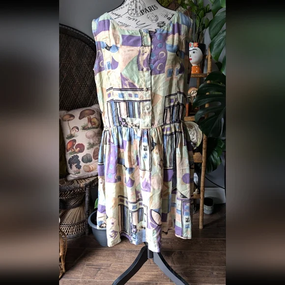 Vintage 100% Silk Geometric Pattern Dress Size L - Picture 8 of 10